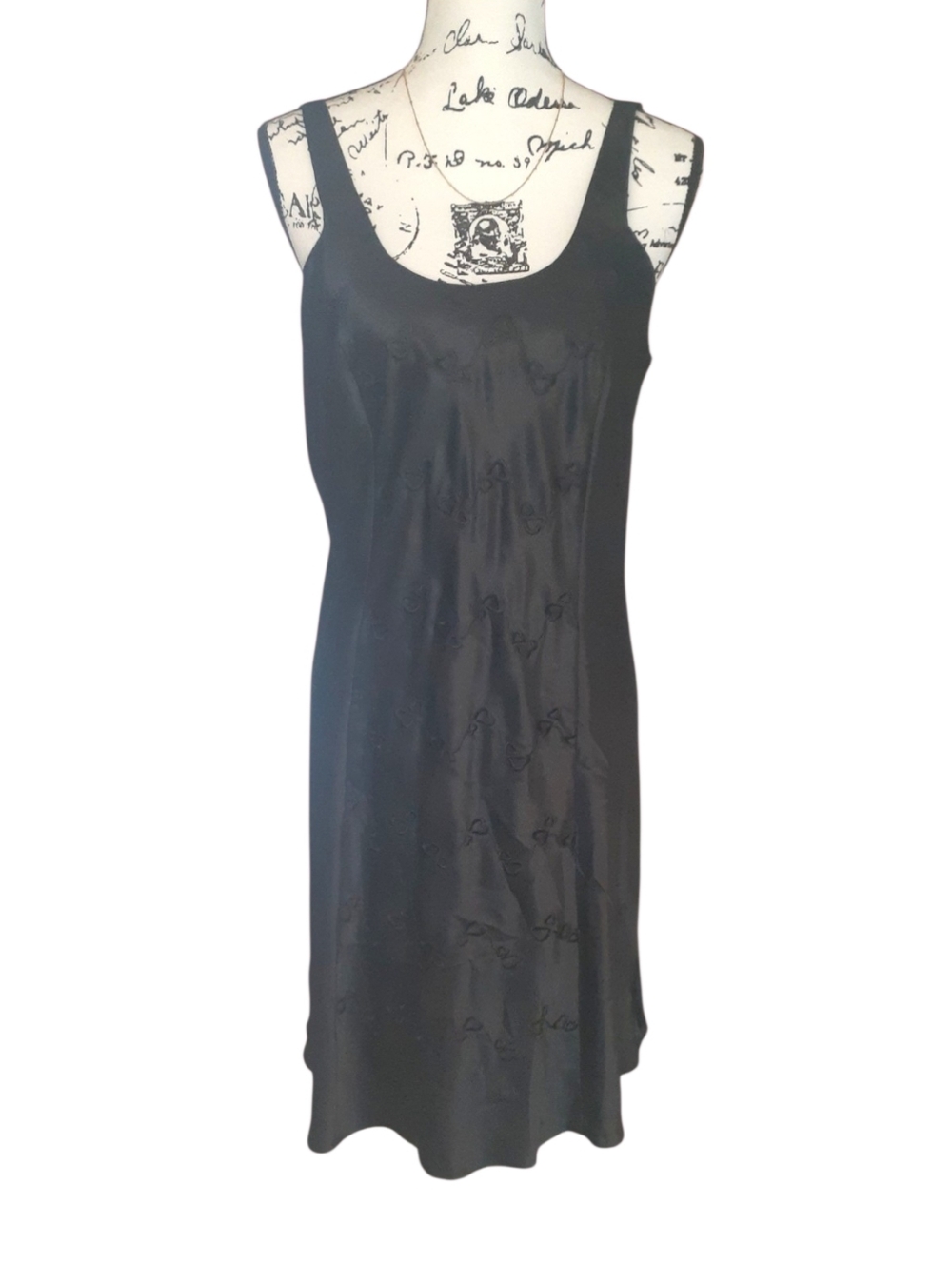 Erika Taylor Intimates Black Satin Slip Dress with Hearts Embroidery Size L